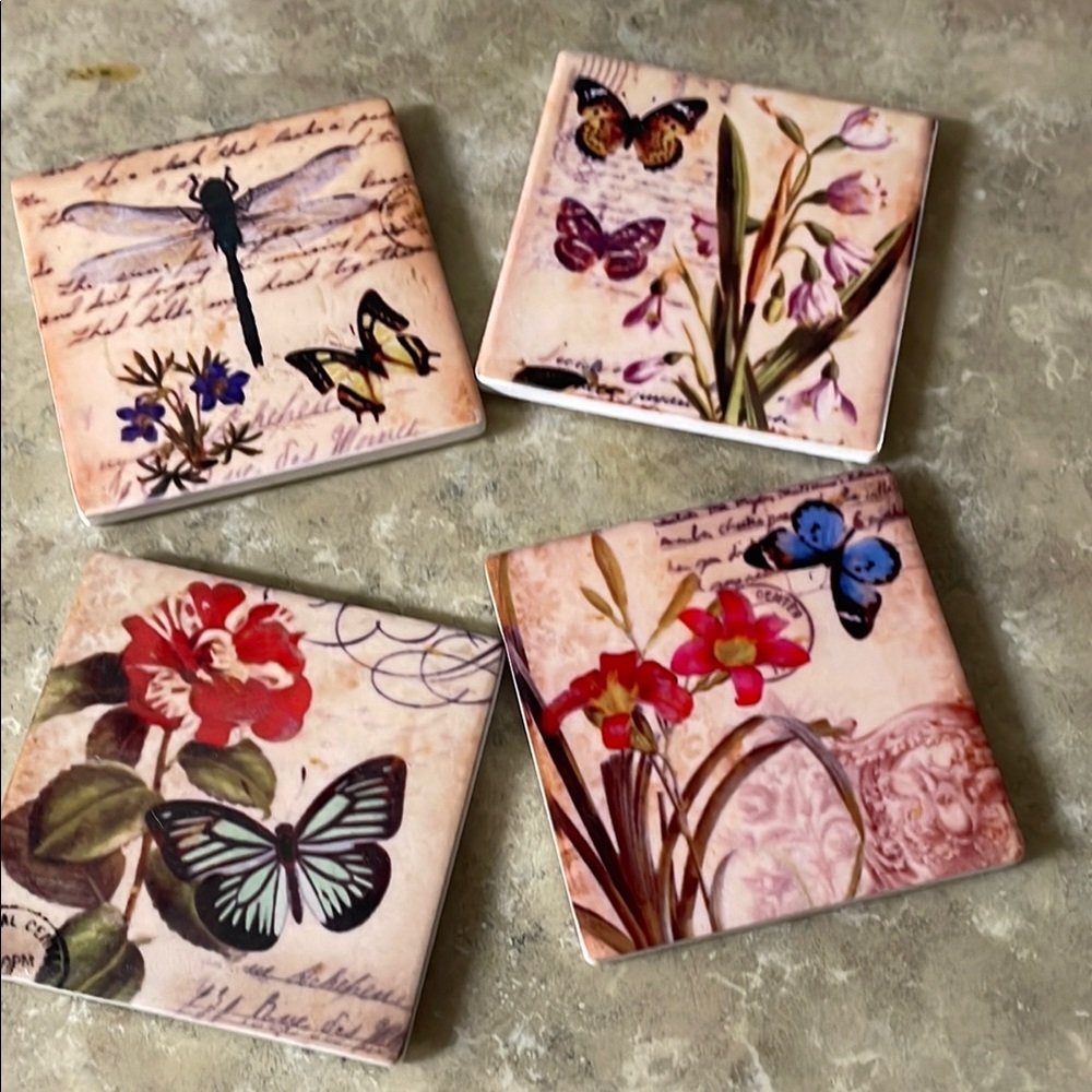 Set of 4 Floral and Butterfly Ceramic Coasters